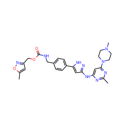 Cc1nc(Nc2cc(-c3ccc(CNC(=O)OCc4cc(C)on4)cc3)[nH]n2)cc(N2CCN(C)CC2)n1 ZINC000084652062