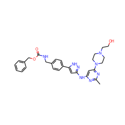 Cc1nc(Nc2cc(-c3ccc(CNC(=O)OCc4ccccc4)cc3)[nH]n2)cc(N2CCN(CCO)CC2)n1 ZINC000084652063