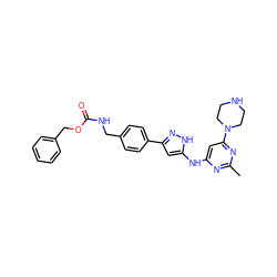 Cc1nc(Nc2cc(-c3ccc(CNC(=O)OCc4ccccc4)cc3)n[nH]2)cc(N2CCNCC2)n1 ZINC000084710791