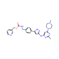 Cc1nc(Nc2cc(-c3ccc(CNC(=O)OCc4cccnc4)cc3)[nH]n2)cc(N2CCN(C)CC2)n1 ZINC000084652061