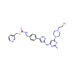 Cc1nc(Nc2cc(-c3ccc(CNC(=O)OCc4cccnc4)cc3)[nH]n2)cc(N2CCN(CCO)CC2)n1 ZINC000084727977