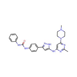 Cc1nc(Nc2cc(-c3ccc(NC(=O)Nc4ccccc4)cc3)n[nH]2)cc(N2CCN(C)CC2)n1 ZINC000096270648