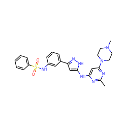 Cc1nc(Nc2cc(-c3cccc(NS(=O)(=O)c4ccccc4)c3)n[nH]2)cc(N2CCN(C)CC2)n1 ZINC000072177581