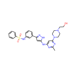 Cc1nc(Nc2cc(-c3cccc(NS(=O)(=O)c4ccccc4)c3)n[nH]2)cc(N2CCN(CCO)CC2)n1 ZINC000072176144