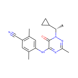 Cc1nc(Nc2cc(C)c(C#N)cc2C)c(=O)n([C@@H](C)C2CC2)n1 ZINC000049035805