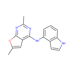 Cc1nc(Nc2cccc3[nH]ccc23)c2cc(C)oc2n1 ZINC000169326741