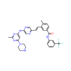 Cc1nc(Nc2cnc(/C=C/c3cc(C(=O)Nc4cccc(C(F)(F)F)c4)ccc3C)cn2)cc(N2CCNCC2)n1 ZINC000038146666