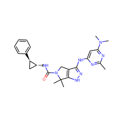 Cc1nc(Nc2n[nH]c3c2CN(C(=O)N[C@@H]2C[C@H]2c2ccccc2)C3(C)C)cc(N(C)C)n1 ZINC000117604519