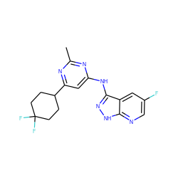 Cc1nc(Nc2n[nH]c3ncc(F)cc23)cc(C2CCC(F)(F)CC2)n1 ZINC000169700828