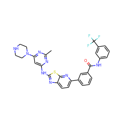 Cc1nc(Nc2nc3ccc(-c4cccc(C(=O)Nc5cccc(C(F)(F)F)c5)c4)nc3s2)cc(N2CCNCC2)n1 ZINC000095561117