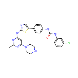 Cc1nc(Nc2ncc(-c3ccc(NC(=O)Nc4cccc(Cl)c4)cc3)s2)cc(N2CCNCC2)n1 ZINC000222001696