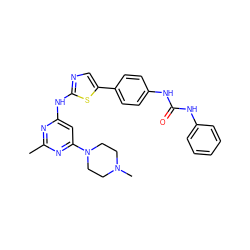 Cc1nc(Nc2ncc(-c3ccc(NC(=O)Nc4ccccc4)cc3)s2)cc(N2CCN(C)CC2)n1 ZINC000473090703