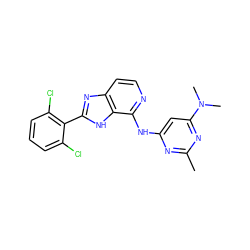 Cc1nc(Nc2nccc3nc(-c4c(Cl)cccc4Cl)[nH]c23)cc(N(C)C)n1 ZINC000118745903