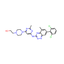 Cc1nc(Nc2nnc3cc(-c4c(Cl)cccc4Cl)cc(C)c3n2)cc(N2CCN(CCO)CC2)n1 ZINC000096167809