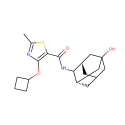 Cc1nc(OC2CCC2)c(C(=O)NC2[C@H]3CC4C[C@H]2CC(O)(C4)C3)s1 ZINC000103247208