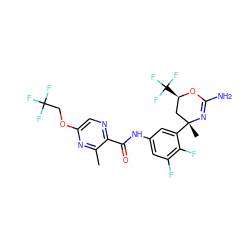 Cc1nc(OCC(F)(F)F)cnc1C(=O)Nc1cc(F)c(F)c([C@]2(C)C[C@@H](C(F)(F)F)OC(N)=N2)c1 ZINC000223530248