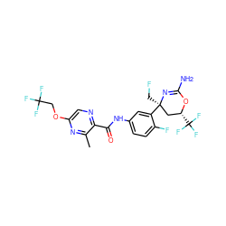 Cc1nc(OCC(F)(F)F)cnc1C(=O)Nc1ccc(F)c([C@]2(CF)C[C@@H](C(F)(F)F)OC(N)=N2)c1 ZINC000223564664