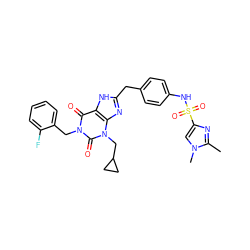 Cc1nc(S(=O)(=O)Nc2ccc(Cc3nc4c([nH]3)c(=O)n(Cc3ccccc3F)c(=O)n4CC3CC3)cc2)cn1C ZINC000003838291