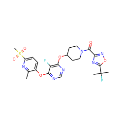 Cc1nc(S(C)(=O)=O)ccc1Oc1ncnc(OC2CCN(C(=O)c3noc(C(C)(C)F)n3)CC2)c1F ZINC000299835956