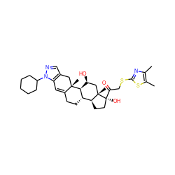 Cc1nc(SCC(=O)[C@@]2(O)CC[C@H]3[C@@H]4CCC5=Cc6c(cnn6C6CCCCC6)C[C@]5(C)[C@H]4[C@@H](O)C[C@@]32C)sc1C ZINC000084634744