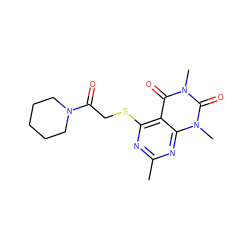 Cc1nc(SCC(=O)N2CCCCC2)c2c(=O)n(C)c(=O)n(C)c2n1 ZINC000004138740