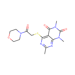 Cc1nc(SCC(=O)N2CCOCC2)c2c(=O)n(C)c(=O)n(C)c2n1 ZINC000004138744