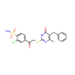 Cc1nc(SCC(=O)c2ccc(S(N)(=O)=O)c(Cl)c2)[nH]c(=O)c1Cc1ccccc1 ZINC000096940233