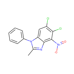 Cc1nc2c([N+](=O)[O-])c(Cl)c(Cl)cc2n1-c1ccccc1 ZINC000653697120