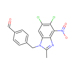 Cc1nc2c([N+](=O)[O-])c(Cl)c(Cl)cc2n1Cc1ccc(C=O)cc1 ZINC000653700507