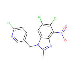 Cc1nc2c([N+](=O)[O-])c(Cl)c(Cl)cc2n1Cc1ccc(Cl)nc1 ZINC000653689447