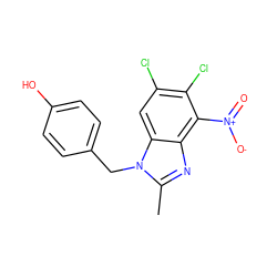 Cc1nc2c([N+](=O)[O-])c(Cl)c(Cl)cc2n1Cc1ccc(O)cc1 ZINC000653700463