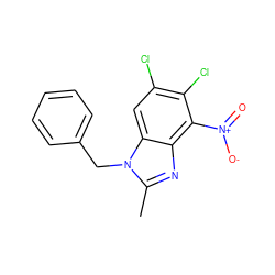 Cc1nc2c([N+](=O)[O-])c(Cl)c(Cl)cc2n1Cc1ccccc1 ZINC000653699475