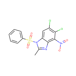 Cc1nc2c([N+](=O)[O-])c(Cl)c(Cl)cc2n1S(=O)(=O)c1ccccc1 ZINC000653697143