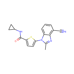 Cc1nc2c(C#N)cccc2n1-c1ccc(C(=O)NC2CC2)s1 ZINC000068247513