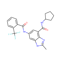 Cc1nc2c(C(=O)NC3CCCC3)cc(NC(=O)c3ccccc3C(F)(F)F)cc2[nH]1 ZINC000207729734