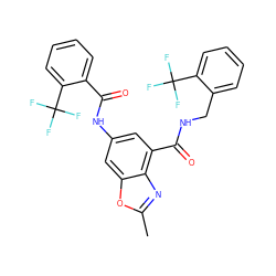 Cc1nc2c(C(=O)NCc3ccccc3C(F)(F)F)cc(NC(=O)c3ccccc3C(F)(F)F)cc2o1 ZINC000207743283