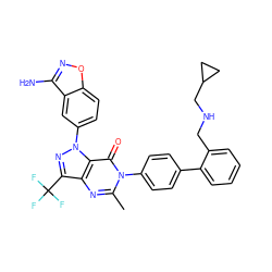 Cc1nc2c(C(F)(F)F)nn(-c3ccc4onc(N)c4c3)c2c(=O)n1-c1ccc(-c2ccccc2CNCC2CC2)cc1 ZINC000014951275