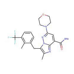 Cc1nc2c(C(N)=O)cc(N3CCOCC3)nn2c1Cc1cccc(C(F)(F)F)c1C ZINC001772644005