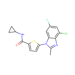 Cc1nc2c(Cl)cc(F)cc2n1-c1ccc(C(=O)NC2CC2)s1 ZINC000084597088