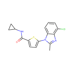 Cc1nc2c(Cl)cccc2n1-c1ccc(C(=O)NC2CC2)s1 ZINC000084602906