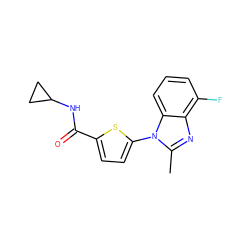 Cc1nc2c(F)cccc2n1-c1ccc(C(=O)NC2CC2)s1 ZINC000084602901