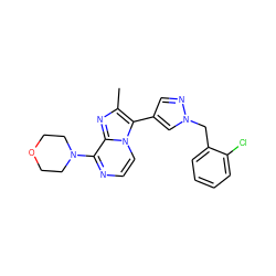 Cc1nc2c(N3CCOCC3)nccn2c1-c1cnn(Cc2ccccc2Cl)c1 ZINC000150149056