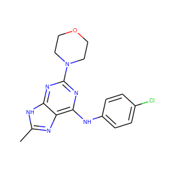 Cc1nc2c(Nc3ccc(Cl)cc3)nc(N3CCOCC3)nc2[nH]1 ZINC000026718790