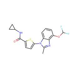 Cc1nc2c(OC(F)F)cccc2n1-c1ccc(C(=O)NC2CC2)s1 ZINC000068247512