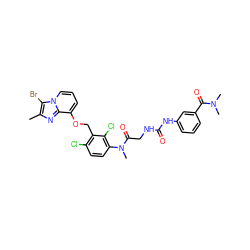 Cc1nc2c(OCc3c(Cl)ccc(N(C)C(=O)CNC(=O)Nc4cccc(C(=O)N(C)C)c4)c3Cl)cccn2c1Br ZINC000027330133