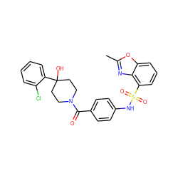 Cc1nc2c(S(=O)(=O)Nc3ccc(C(=O)N4CCC(O)(c5ccccc5Cl)CC4)cc3)cccc2o1 ZINC000220582965