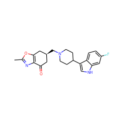 Cc1nc2c(o1)C[C@@H](CN1CCC(c3c[nH]c4cc(F)ccc34)CC1)CC2=O ZINC000169322316