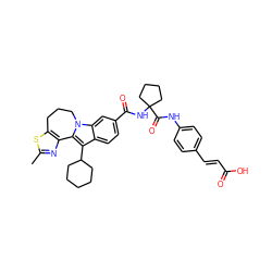 Cc1nc2c(s1)CCCn1c-2c(C2CCCCC2)c2ccc(C(=O)NC3(C(=O)Nc4ccc(/C=C/C(=O)O)cc4)CCCC3)cc21 ZINC000059826645