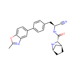 Cc1nc2cc(-c3ccc(C[C@@H](C#N)NC(=O)[C@H]4N[C@@H]5CC[C@H]4C5)cc3)ccc2o1 ZINC000221940091