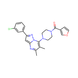 Cc1nc2cc(-c3cccc(Cl)c3)nn2c(N2CCN(C(=O)c3ccoc3)CC2)c1C ZINC000095566765